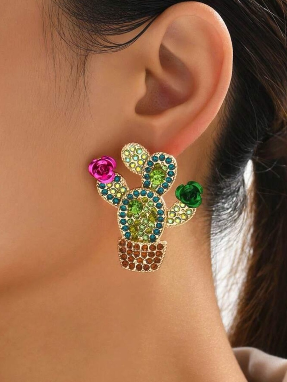 Colorful Crystal Cactus Stud Earrings in Green and Multicolor‎